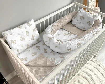 Produktbild von Babynest Kokon Nestchen für Neugeborene – 5-teiliges Set mit Decke und Kissen aus Baumwolle, Teddy und sand