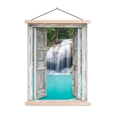 Produktbild von MuchoWow® Textilposter Aussicht - Wasserfall - Natur - Landschaft 60x80 cm mit holzfarbenen Rahmen - Wandbild