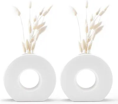 Produktbild von Unyqoos® Keramikvase Donut – weiße runde Vase für Pampasgras & Trockenblumen, 2er-Set klein (6,8 x 6,4 inch), handgefertigt, skandinavisch-minimalistisch