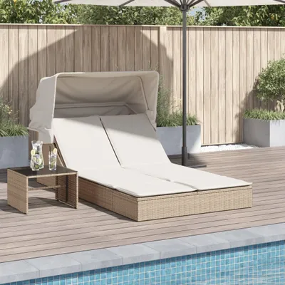 Produktbild von Möbel Doppel-Sonnenliege mit Dach und Auflagen Beige Poly Rattan - Gartenliegen 368641