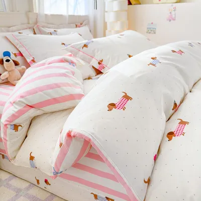 Produktbild von Bettwäsche Set 140x200 cm Rosa Dackel Gestreift Mikrofaser 2-teilig