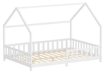 Obrázek produktu pro Dětská postel ML-Design 140 x 200 cm s ochrannou bočnicí, stříškou a roštem, bílá Montessori postel na podlaze z masivního borovicového dřeva, postel ve tvaru domečku pro holčičky a kluky