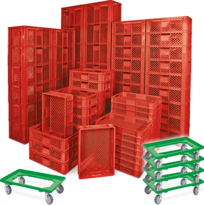 Produktbild von 78 Stück Stapelkörbe/Bäckerkästen in 5 Größen, Grundmaß LxB 600 x 400 mm, H 90 mm, 150 mm, 240 mm, 320 mm, 410 mm, Farbe rot + 5x Transportroller, grün