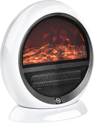 A white, round electric fireplace with a simulated flame effect and a black mesh grill at the bottom, set against a white background.