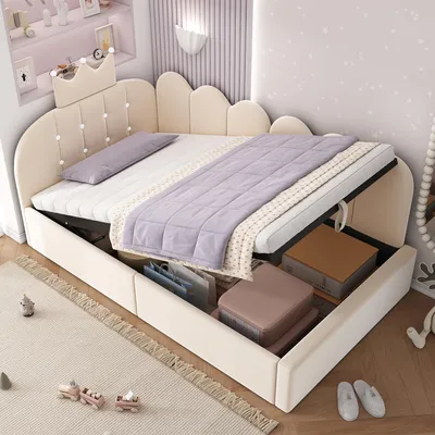 Zdjęcie produktu dla Łóżko tapicerowane Merax, łóżko dzienne 90 x 190 cm z hydraulicznym schowkiem, rozkładana sofa dla gości w kształcie litery L, łóżko dzienne z aksamitu z motywem koron, kolor beżowy