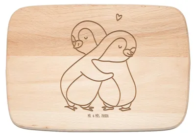 Produktbild von Mr. & Mrs. Panda Holz Frühstücksbrettchen Pinguine Kuscheln - Transparent - Geschenk, Schneidebrett, schneidbrett, für Partner, Freundin, Holzbrett, Frühstücksbrett