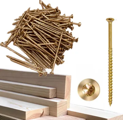 A pile of gold-colored screws and some wooden planks.