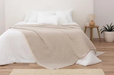 Obrázek produktu pro Ibenzoa® Přikrývka – 100% bavlna, vaflový vzor, univerzální přehoz na postel a pohovku, světle béžová, 125 x 180 cm