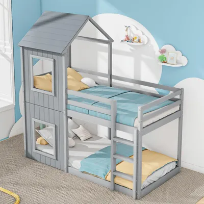 Obrázek produktu pro Dvoupatrová postel 90x200 cm, masivní dřevo, šedá barva, s ochranou proti vypadnutí, dětská postel