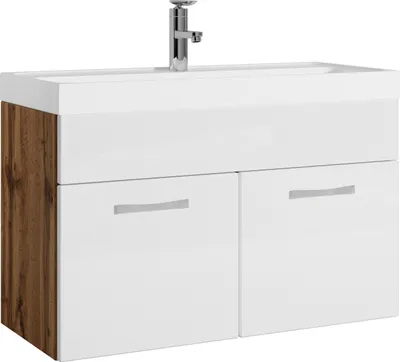 Produktbild von Badplaats Badmöbel Set mit Waschbecken und Unterschrank Paso 01 80 x 40 cm Eiche mit Weiß Hochglanz - Waschbeckenunterschrank mit Waschbecken