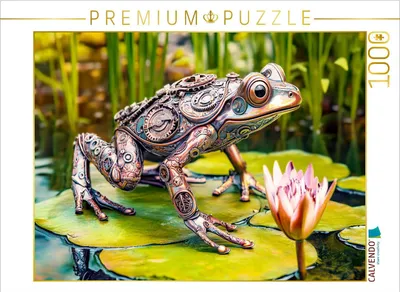 Produktbild von CALVENDO Puzzle Metall-Frosch auf Seerose: Kreative Gartendeko mit Upcycling-Charme | 1000 Teile Lege-Größe 64x48cm Foto-Puzzle für glückliche Stunden