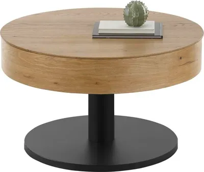A round coffee table with a wooden top and a black base, displayed on a white background.