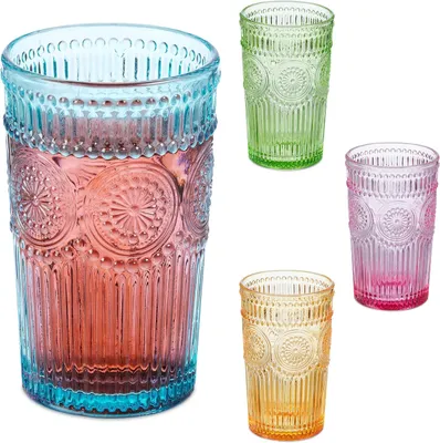 Produktbild von Set mit 4 Gläsern – Vintage-Design – Reliefmuster – Spülmaschinenfest – Für Saft, Limonade – 360 ml – Farbglas