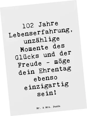 Produktbild von Mr. & Mrs. Panda Grußkarte Spruch 102. Geburtstag Glück - Weiß - Geschenk, bildkarte, feiern, Ansichtskarte, Alter, Postkarte, Geburtstagsspruch, Geburtstagsfeier