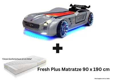 Produktbild von Autobett Kinderbett "Rio Roadster" mit Matratze, LED Sound, Sportsitze, Lattenrost, Spoiler, 90x190 cm