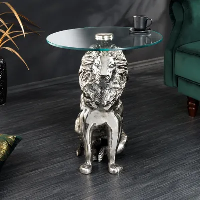 Produktbild von riess-ambiente Runder Beistelltisch WILDLIFE LION 60cm silber antik Metall Glas Löwen Skulptur Couchtisch Tisch Wohnzimmertisch