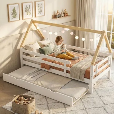 Productafbeelding van Bedframe 90x200 cm, wit, naturel, gemaakt van grenenhout en multiplex, met uitschuifbed en veiligheidsreling, geschikt voor de slaapkamer
