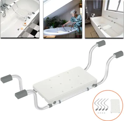 A collage of images showing a bath seat in use and in detail, along with a woman using a shower.