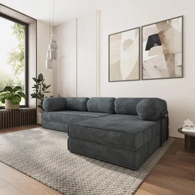 Produktbild von Masseno Ecksofa ETERA mit Metallgestell, Modulares Schlafsofa aus Schaumstoff, Klappbares Bodensofa, Schlaffunktion - Grau, POSO 34