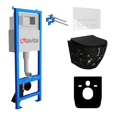 Produktbild von Lavita LAV 101 Vorwandelement für WC 40cm + Wand Hänge Tiefspül WC SOFI SLIM FIRE Schwarz Spülrandlos + Bedienplatte LAV 200.3.1 Weiß | Komplettset | Unterputz Spülkasten | Toilette Komplett Sett