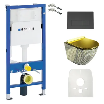 Produktbild von DOMINO Geberit Duofix Basic Vorwandelement + Wand-WC Tiefspül Sofi Slim Becken Golden Never Die Spülrandlos + Bedienplatte Delta 25 für Doppelspülung