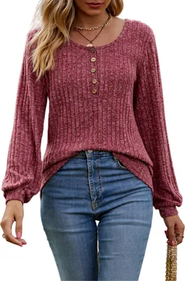 Produktbild von ASKSA Damen Langarmshirt Rundhals Knoepfen Rippstrick Strickpullover Oberteile Tunika Tops Pullover, Weinrot, M