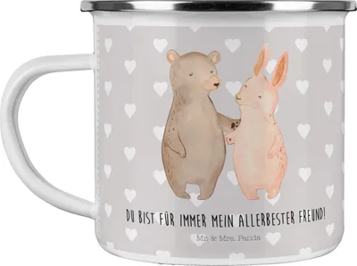 Produktbild von Mr. & Mrs. Panda Teetasse Bär und Hase Umarmen - Grau Pastell - Geschenk, für Immer, Pott, Emaille Tasse, Teebecher, Becher, BFF, Hocheitstag, Freunde, Kaffeepott
