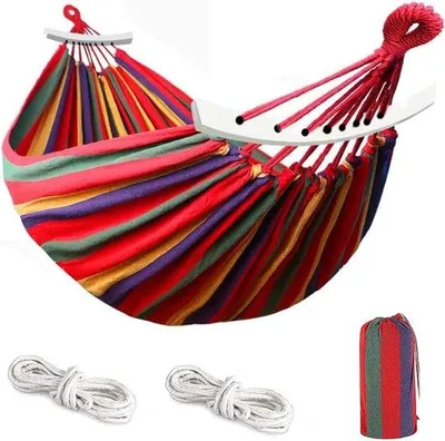 Produktbild von Unyqoos® Camping-Hängematte 280 x 150 cm – Doppel-Hängematte für 2 Personen, verstärktes Canvas, Tragkraft 150 kg, gebogene Holzstreben 40 cm, mit Tragetasche
