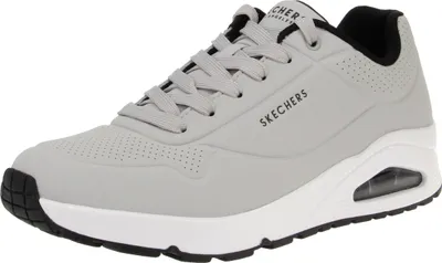 A single gray Skechers Uno sneaker is shown from a side angle against a white background.