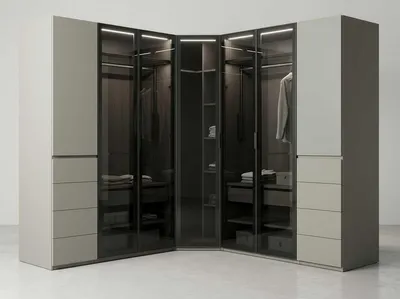 Immagine prodotto di Armadio angolare beige e nero, design moderno ed elegante, con ante in vetro