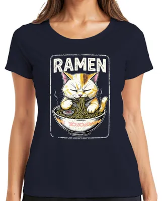 Zdjęcie produktu dla T-shirt damski, kolor granatowy, rozmiar L. Motyw: Ramen, kot, makaron, japoński styl, słodki, zabawny, jedzenie, prezent, styl retro