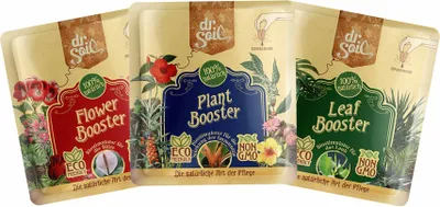 Produktbild von Dr.Soil Pflanzenpflegepaket für die Gesundheit von Balkonpflanzen mit konzentrierten Monodosen von Leaf Booster 10ml (Biostimulator für die Blattregeneration), Flower Booster 10ml (Biostimulator für die Blüte) und Plant Booster 10ml (Biostimulator für die
