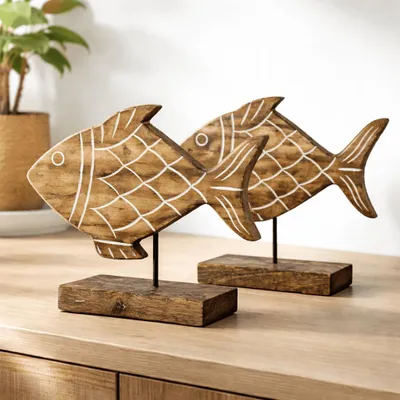 Produktbild von Dekofigur Fisch 2er Set Figur Tischdeko Holz Deko Maritime Dekoration Mangoholz