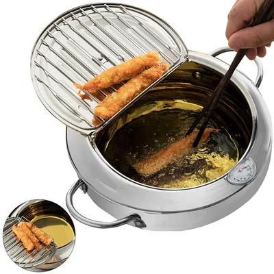 Fritteuse, Frittiertopf Im Japanischen Stil Japanische Tempura Fritteuse Topf Mit Thermometer und Deckel Japanischer Frittiertopf aus Edelstahl (20cm)