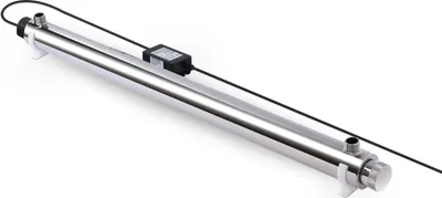 A stainless steel UV water sterilizer unit with black connectors and a black cable, mounted on white brackets against a white background.