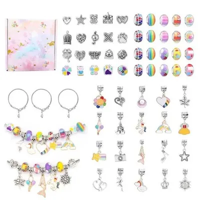 Immagine prodotto di Kit braccialetti fai da te bambini, 60 perline e ciondoli, 3 bracciali regolabili, set creativo in scatola regalo - BraceletsDIY
