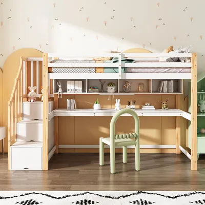 A child's bedroom featuring a loft bed with a desk and storage, decorated with playful wallpaper.