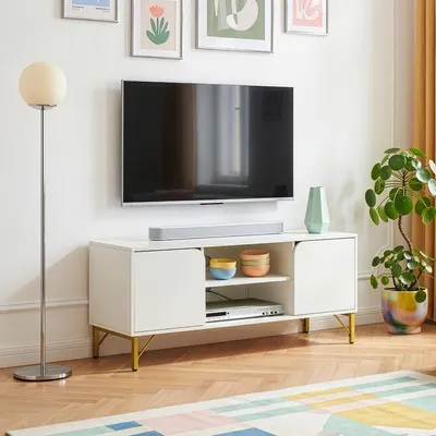 Immagine prodotto di Mobile TV "Reyri" con 2 ante e 2 ripiani aperti, 120 x 39 x 52 cm, struttura in metallo, bianco/oro
