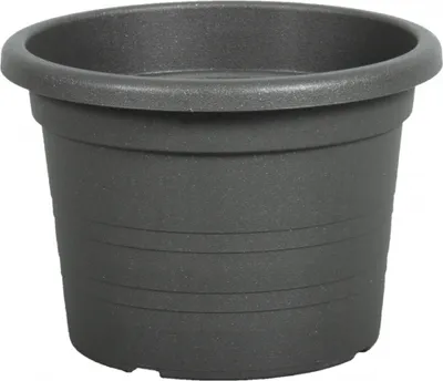A dark gray plastic planter pot is shown against a white background.