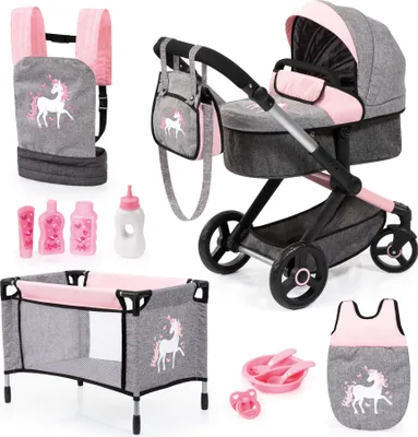 Produktbild von Bayer Design 17033AB, Puppenwagen-Set Xeo, Puppenbett, Trage, Schlafsack, Tasche, Zubehör, Jeans-grau, rosa