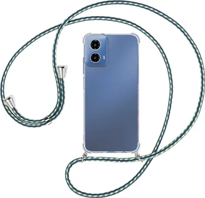 Produktbild von Handykette Backcover-Schutzhülle mit Band (Metall silberfarben) für Motorola Moto G34 5G - grün/blau/weiß