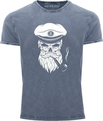Produktbild von Cooles Angesagtes Herren T-Shirt Vintage Shirt Captain Skull Totenkopf Aufdruck Used Look Slim Fit Neverless® blau S