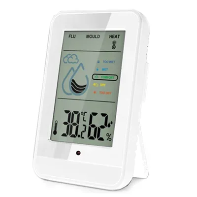 Produktbild von Raumklimastation mit Warnfunktion, Temperatur- und Feuchtigkeitsanzeige, Schimmelwarner, Standfuß und Magnethalterung
