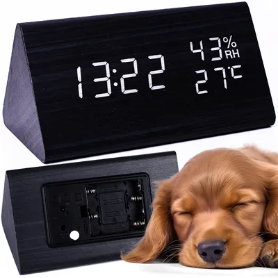 Digitale LED-Wekker, Holzoptik, Temperatur, Hygrometer, USB, Sprachsteuerung
