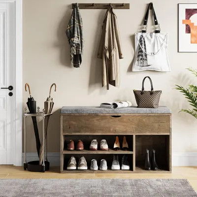 Produktbild von Schuhbank mit Stauraum und Sitzpolster, Schuhregal, Dunkelbraun