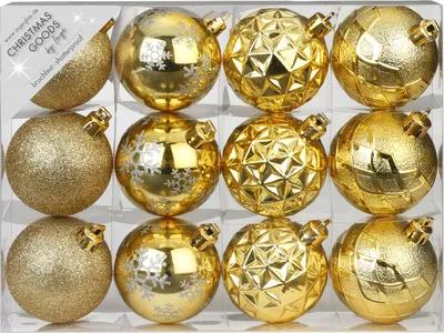 Produktbild von Weihnachtskugeln Kunststoff mit Muster Mix 6cm gold, 12er Set