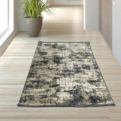 Zdjęcie produktu dla Nowoczesny dywan o abstrakcyjnym wzorze w kolorze beżowym na czarnym tle, wymiary: 80 x 150 cm