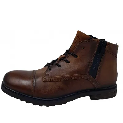 A side view of a brown leather boot.
