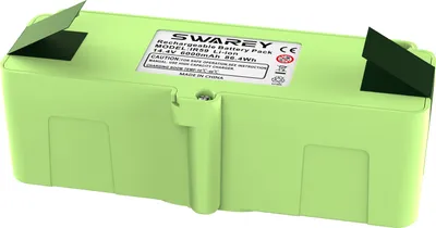 A green rechargeable battery pack with a label on top.