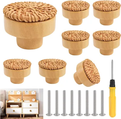 Produktbild von Holz Rattan Möbelknöpfe 8 Stück, Boho Stil, 40x30 mm, für Küchenschränke
